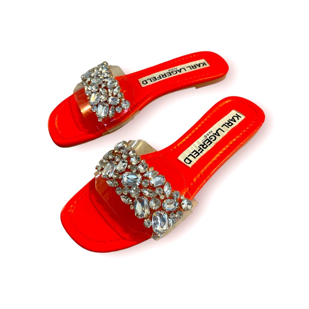 KARL LAGERFELD MYSHA CRYSTAL EMBELLISHED FLAT SLIDE SANDAL FIERY ORANGE SIZE 7.5